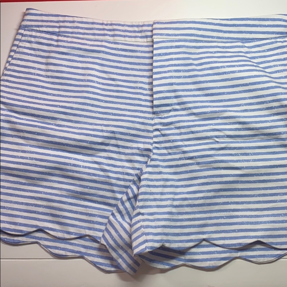 Blue and white striped scalloped shorts
